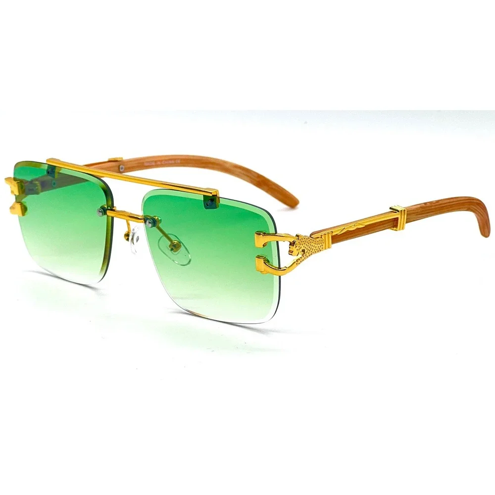 Mens Green Gradient Rimless Square Sunglasses‎ Gold Panther Luxury Hp Hop Rapper